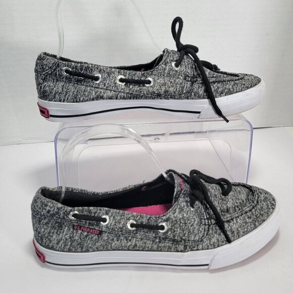 U.S. Polo Assn. Womens 8.5 Gray Black Slip-On Canvas Boat Shoes Loafer‎ Preppy - Picture 1 of 9